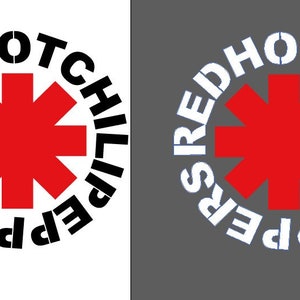 Puede incluir: Logotipo de Red Hot Chili Peppers con una estrella roja en el centro y el nombre de la banda en un círculo alrededor de la estrella. El logotipo está sobre un fondo blanco.