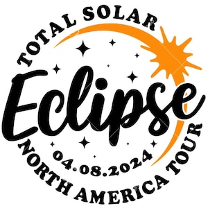 Könnte beinhalten: Ein schwarzes und oranges kreisförmiges Logo mit dem Text "Total Solar Eclipse North America 04.08.2024 Tour" und dem Wort "Eclipse" in einer stilisierten Schrift.