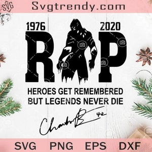May include: Black and white graphic design with the text "RAP" in large letters. The "R" is from 1976 and the "P" is from 2020. The graphic also includes a silhouette of a superhero figure and the text "Heroes get remembered but legends never die". The graphic is signed "Chaube 42".