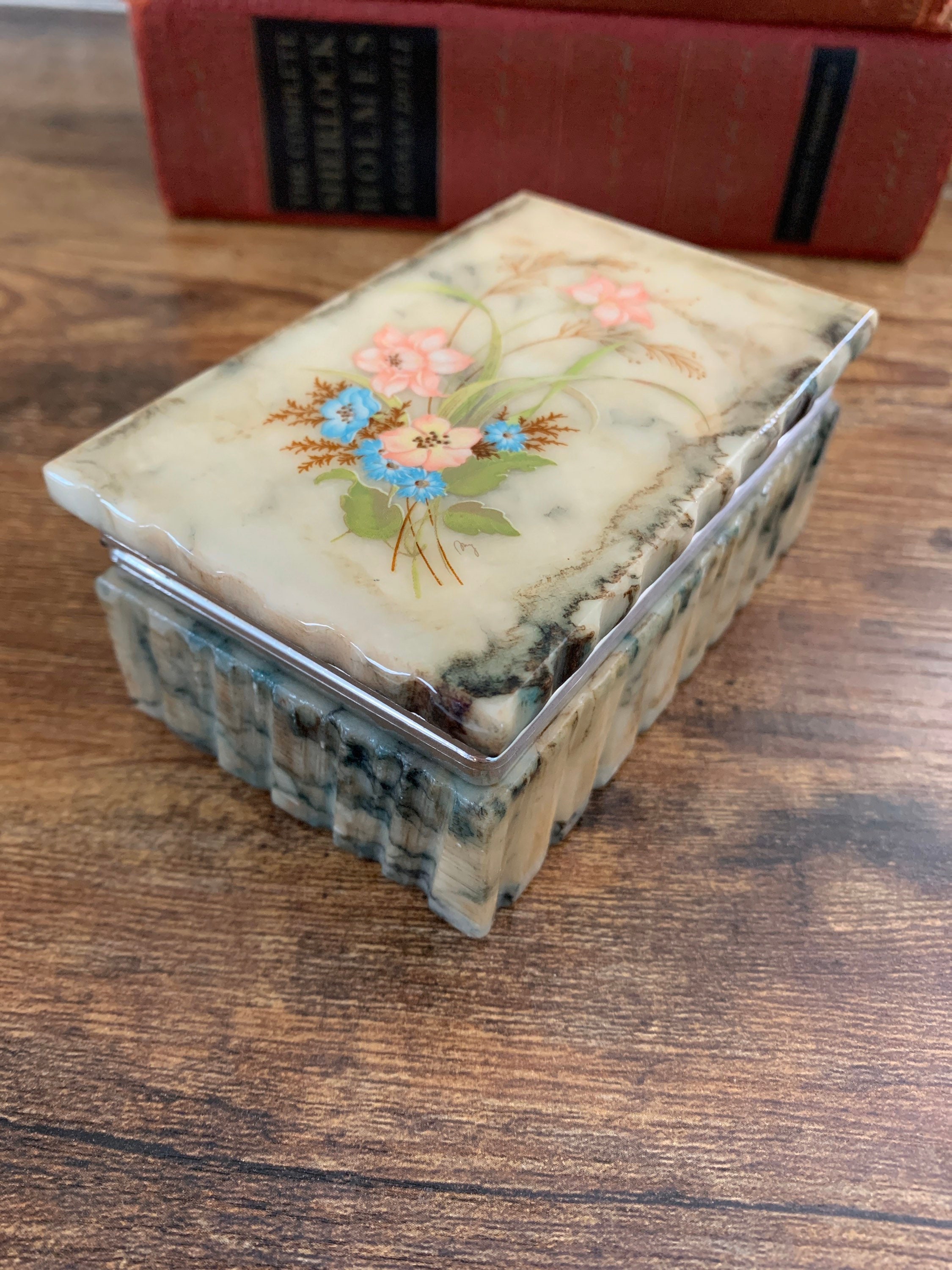 Italian marble stone hinged trinket box with floral design Etsy