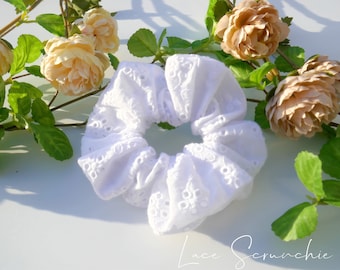 White Lace Scrunchies, 100% Cotton Lace Scrunchies, White Eyelet Scrunchies, Lace Scrunchies, Lace hair tie,Handmade