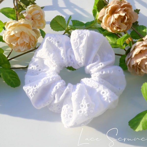 White Lace Scrunchies, 100% Cotton Lace Scrunchies, White Eyelet Scrunchies, Lace Scrunchies, Lace hair tie,Handmade