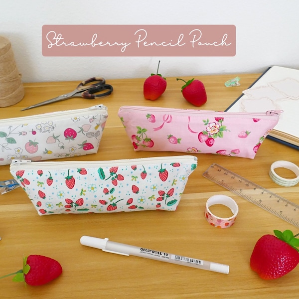 Strawberry Pen Pouch, Strawberry Pencil Case, Cute Zipper Pouch, Strawberry Lover, Cotton, strawberry gift,Handmade pencil pouch gift