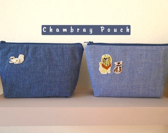 Chambray Pouch, Animal Embroidered Patch Pouch, Blue Chambray Pouch, Indigo Chambray Pouch, Squirrel Pouch, Lion Pouch, Cat Pouch, Handmade