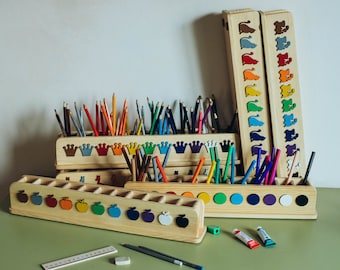 Wooden rainbow holder for pencils/felt-tip pen box,organizer pencil with car. Montessori pencil holder. Birthday Gift for kids