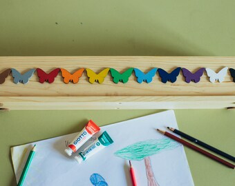 Portalápices de madera con diseño de arcoíris y mariposas: organizador de escritorio Montessori para niños