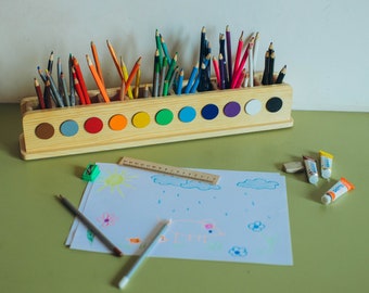 Wooden rainbow holder for pencils/felt-tip pen box,organizer pencil with symbols. Montessori pencil holder. Birthday Gift for kids .