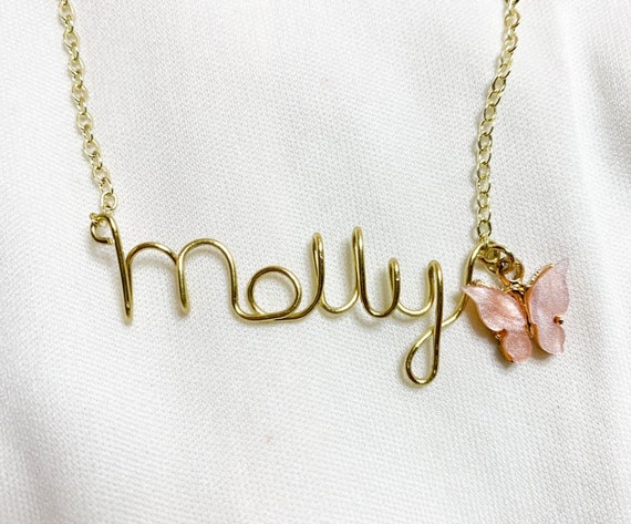 Personalized Wire Name Necklace With Butterfly Charm 16k Gold