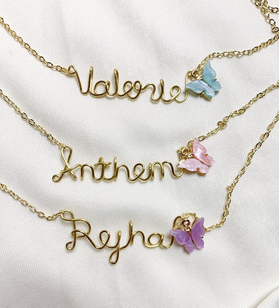 Personalized Wire Name Necklace With Butterfly Charm 16k Gold