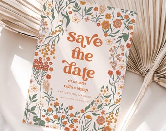 ヴィンテージフローラルのSave The Dates、レトロなSave The Dates、ウェディングSave The Dates