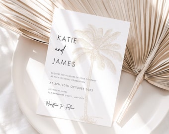 Palm Tree Wedding Invitation, Destination Wedding Invitation, Gold Palm Tree Invite