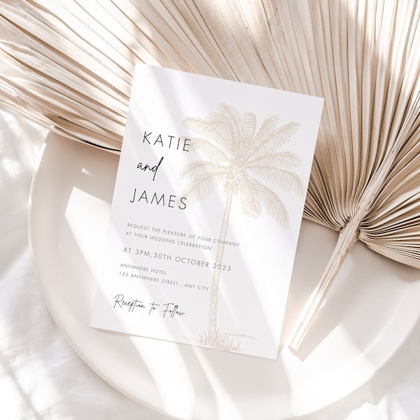 Palm Tree Wedding Invitation, Destination Wedding Invitation, Gold Palm Tree Invite