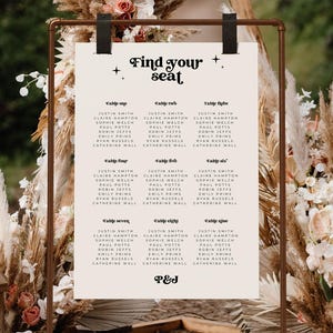 Op de afbeelding: Een trouwzittingsoverzicht met de tekst "Find your seat" in een retro lettertype. De kaart wordt weergegeven op een koperkleurige standaard, omringd door bloemstukken en kaarsen. Namen staan onder de tafelnummers.