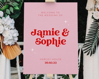 Cartello di benvenuto per matrimonio in stile retrò: tema anni '70 personalizzabile (pannello in schiuma o digitale)