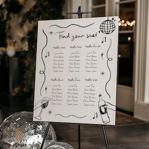 Doodle Seating Plan, Disco Ball Wedding Decor, Boho Seating Chart, Printed