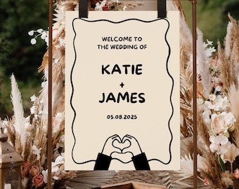 Quirky Hand-Drawn Frame & Heart Hands Wedding Sign, Retro Wedding Welcome