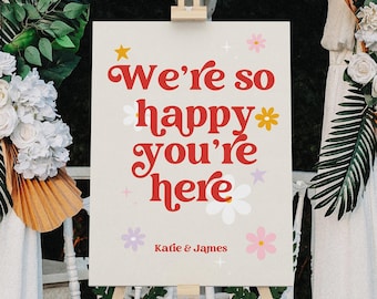 Vintage Wedding Sign, Retro Wedding Welcome Sign, We're So Happy You're Here