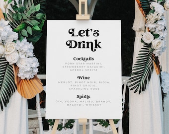 Retro Wedding Drinks Menu, Modern Drink Menu Sign Minimalist Wedding Bar Menu,