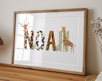 Safari Name Print, Safari Animal Name, Nursery Wall Art, Children's Name Gift, Baby Name Wall Art