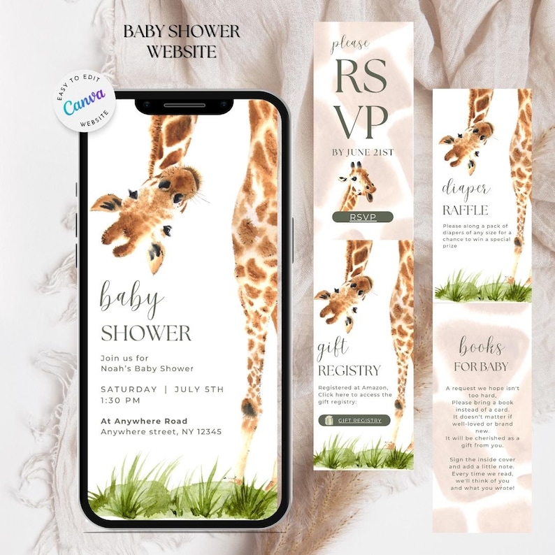 May include: A baby shower invitation design featuring a giraffe illustration. The design includes a smartphone displaying the invitation details, RSVP, diaper raffle, and gift registry cards. The invitation includes the text "Baby Shower" and event details.