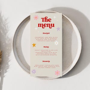 Kleurrijk retro trouwmenu, kleurrijk vintage trouwmenu, menukaart jaren 70, menukaart eten, huwelijksreceptie, drankenkaart,