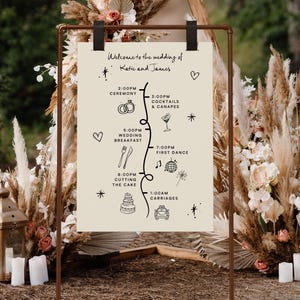 Skurriles Order of the Day Schild: Anpassbare Doodle Timeline für Hochzeitsfeiern