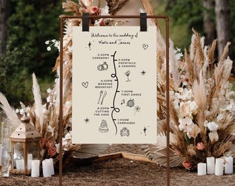 Whimsical Order of the Day Sign: Customizable Doodle Timeline for Ceremony & Reception Events