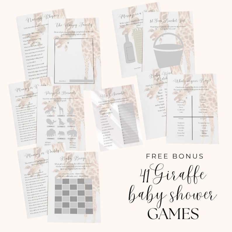 May include: A collection of printable baby shower games with a giraffe theme. The games include activities like "Nursery Rhymes," "Baby Bingo," and "What's in Your Bag?" The text "FREE BONUS 41 Giraffe baby shower GAMES" is also visible.