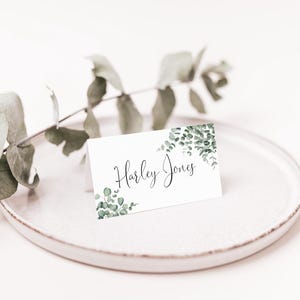 Tarjeta de lugar de boda de eucalipto, tarjeta de nombre de eucalipto bohemio