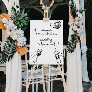 Doodle Hochzeit Willkommensschild, Retro Hochzeitsschild, Handgeschriebenes Willkommensschild Boho Hochzeitsschild
