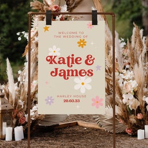 Plaque de mariage rétro colorée, plaque de bienvenue de mariage vintage, signe de bienvenue de mariage des années 70