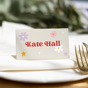 Tarjeta de lugar de boda retro colorida, tarjetas de nombre vintage