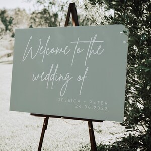 Cartello di benvenuto per matrimoni color verde salvia: decorazione moderna e minimalista immagine 1