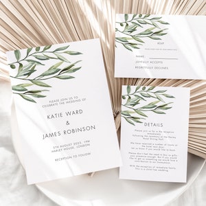 Printed Olive Branch Wedding Invitation Suite, Botanical Wedding Invitations, Botanical Invitations, Olive Leaf Wedding