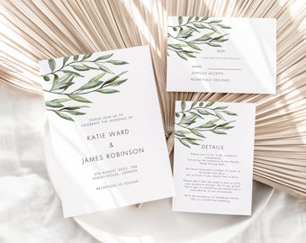 Printed Olive Branch Wedding Invitation Suite, Botanical Wedding Invitations, Botanical Invitations, Olive Leaf Wedding