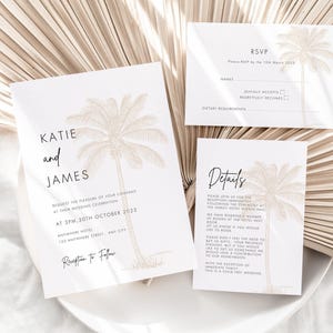 Tropische Hochzeitseinladungen, Hochzeitseinladungen Palme, Tropische Einladungsreihe, Hochzeit in Urlaubsort, Goldene Palme Laden ein