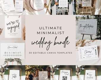 May include: A collection of 30 minimalist wedding templates for Canva. The templates are in black and white with a modern calligraphy font. The templates include a welcome sign, a seating chart, a table number sign, a drink voucher, a photo booth sign, and more.