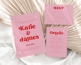 Pink Wedding Invitation Suite, Pink Retro Wedding Invitations, Vintage Wedding Suite