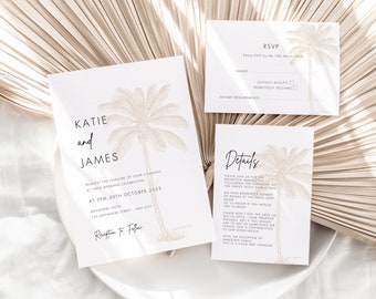 Tropical Wedding Invitations, Palm Tree Wedding Invitations, Tropical Invitation Suite, Destination Wedding, Golden Palm Tree Invite