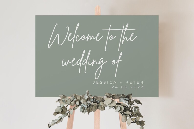 Cartello di benvenuto per matrimoni color verde salvia: decorazione moderna e minimalista immagine 2