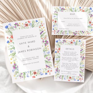 Blumenhochzeits-Einladungs-Reihe, Wildblumenhochzeitseinladungen, botanische Einladungen, Blumenhochzeit
