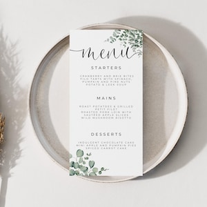 Menú de boda de eucalipto, menús para bodas, tarjeta de menú de boda, menú de comida, recepción de boda, menú de bebidas, cena de boda