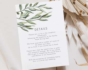 Olive Branch Wedding Detail Card, Botanical Detail Card, Olive Leaf Wedding Insert