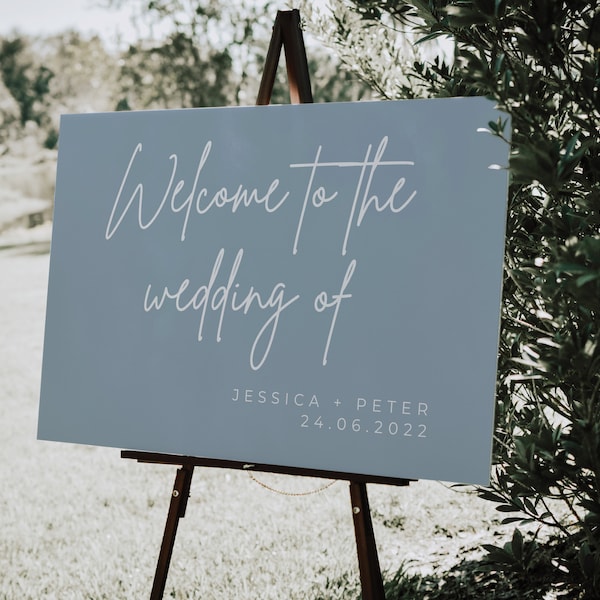 Plaque de bienvenue de mariage bleu poudré, plaque de mariage moderne simple, plaque de mariage imprimée