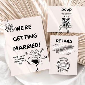 Ensemble de faire-part de mariage Doodle, suite d'invitations de mariage amusante et moderne avec RSVP et cartes détaillées