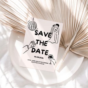 Doodle divertido Salve as datas, Salve as datas desenhado à mão, Salve as datas de casamento retrô