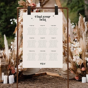 Retro Sitzplan, 70er Jahre Sitzplan, Sitzplan für die Hochzeit, Vintage Hochzeitsschild