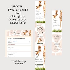 May include: Baby shower invitation suite with giraffe illustrations. Includes invitation details, RSVP, gift registry, books for baby, and diaper raffle information. The design features a soft, watercolor style with text and graphics.