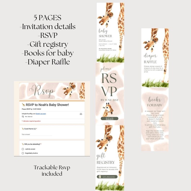 May include: Baby shower invitation suite with giraffe illustrations. Includes invitation details, RSVP, gift registry, books for baby, and diaper raffle information. The design features a soft, watercolor style with text and graphics.