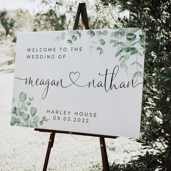 Eucalyptus Wedding Welcome Sign, Couple Name Welcome Sign, Welcome Sign Foam Board, Printed Wedding Sign